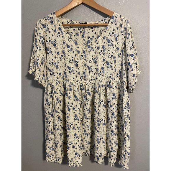 2 Of Us Dress Womens Medium Blue Floral Babydoll Short Sleeve Rayon Boho India - Picture 1 of 8